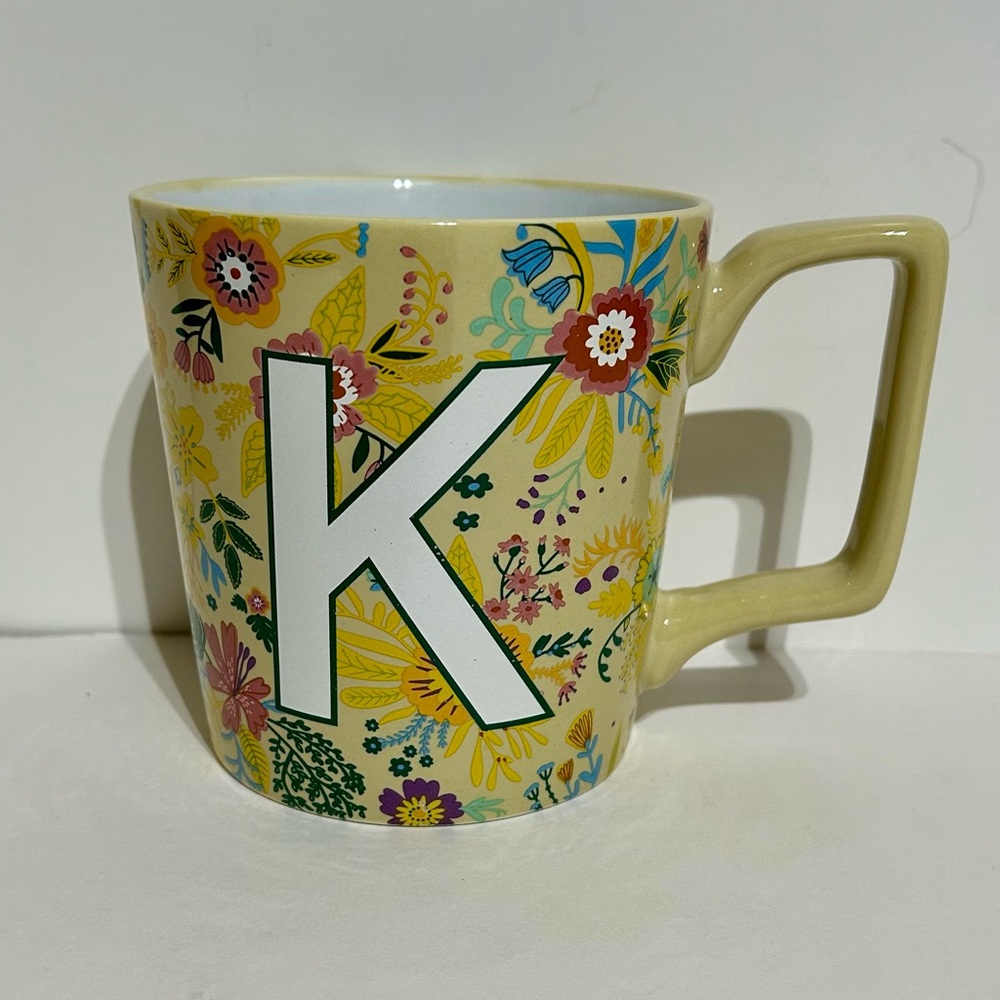 Coffee Mug Cup Ceramic Yellow Handle Floral Letter K Kirkland’s Home 4x5.5x4